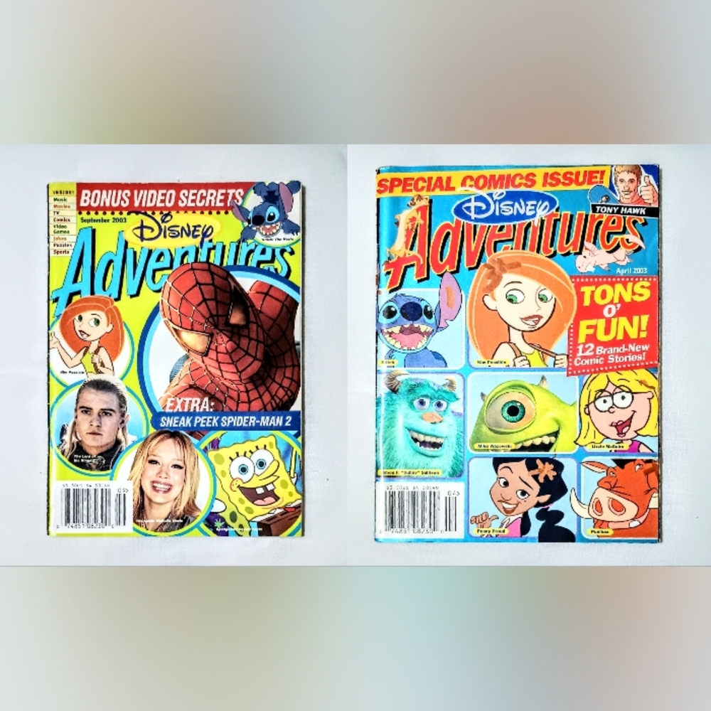 2 Disney Adventures Magazines 2003 | Tony Hawk, Kim Possible, SpongeBob, Stitch